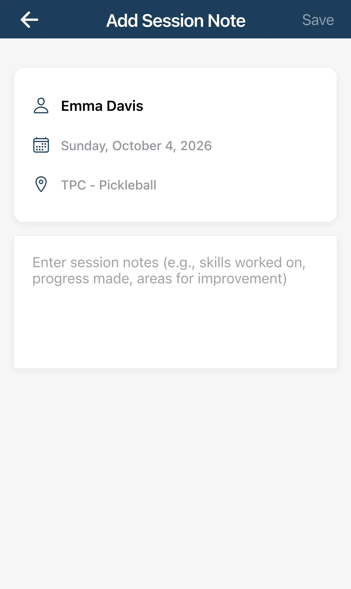 The Add Session Note screen with the client, date and location above an empty note box