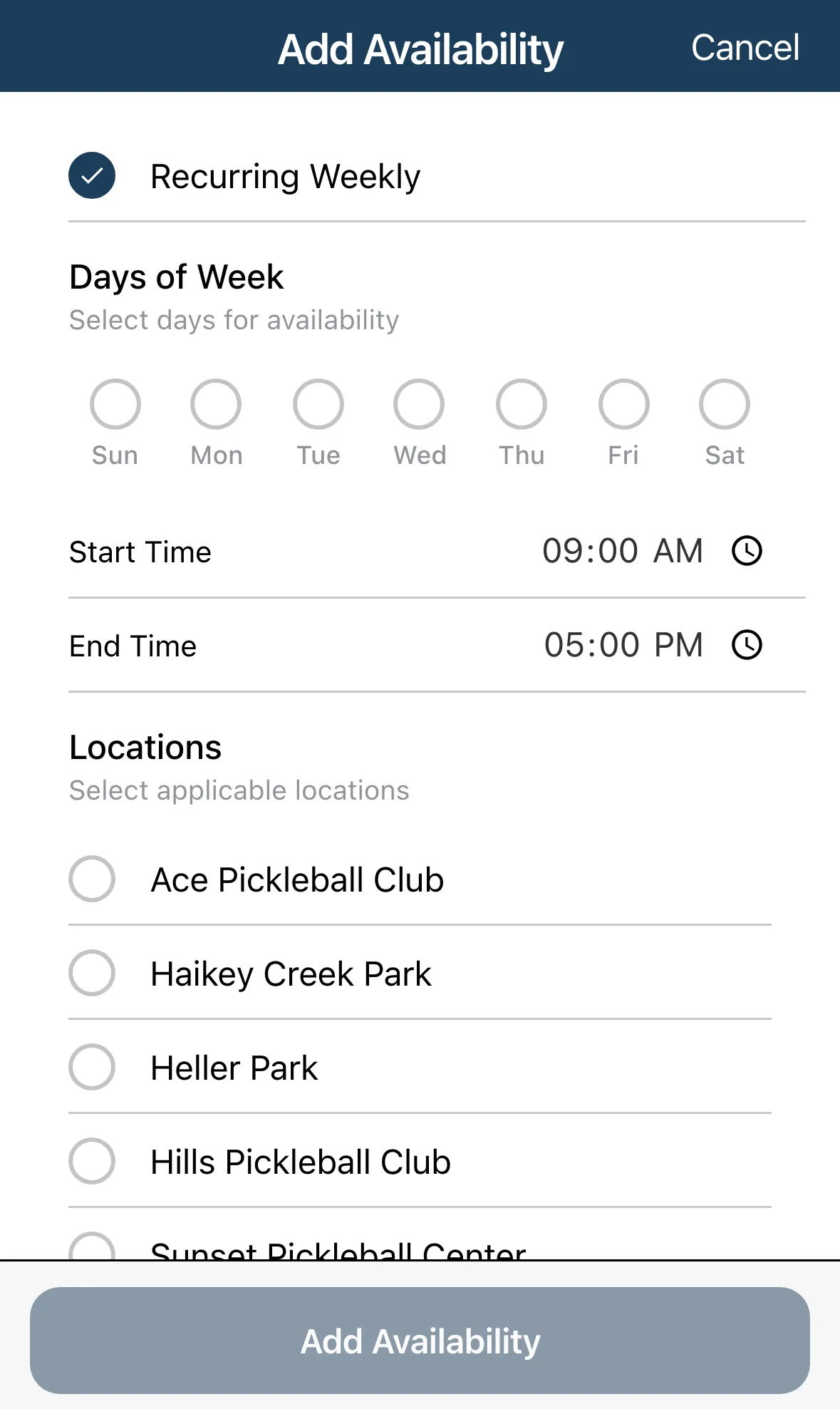 The Add Availability form