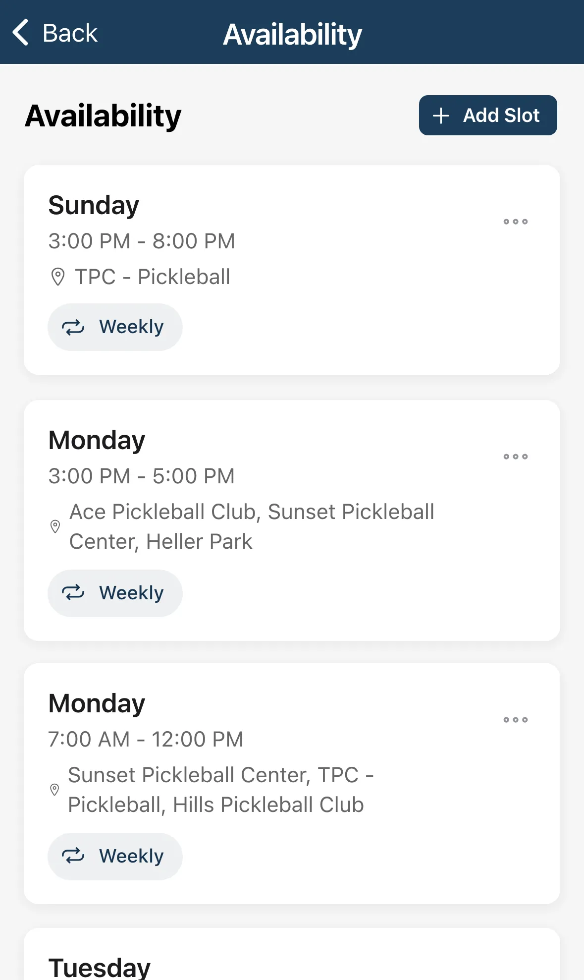 The Availability list showing weekly slots