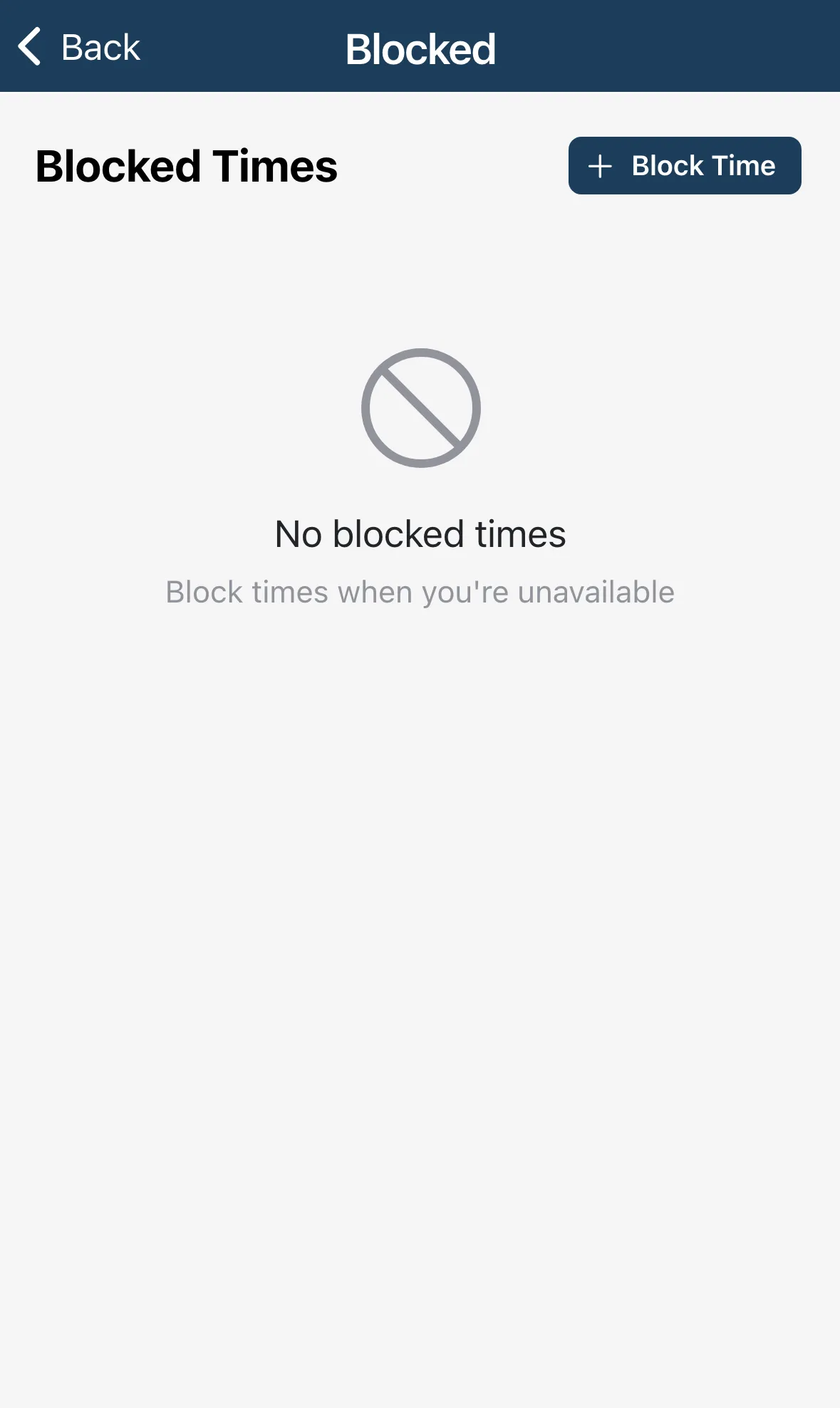 The Blocked Times list, empty before any blocks are added
