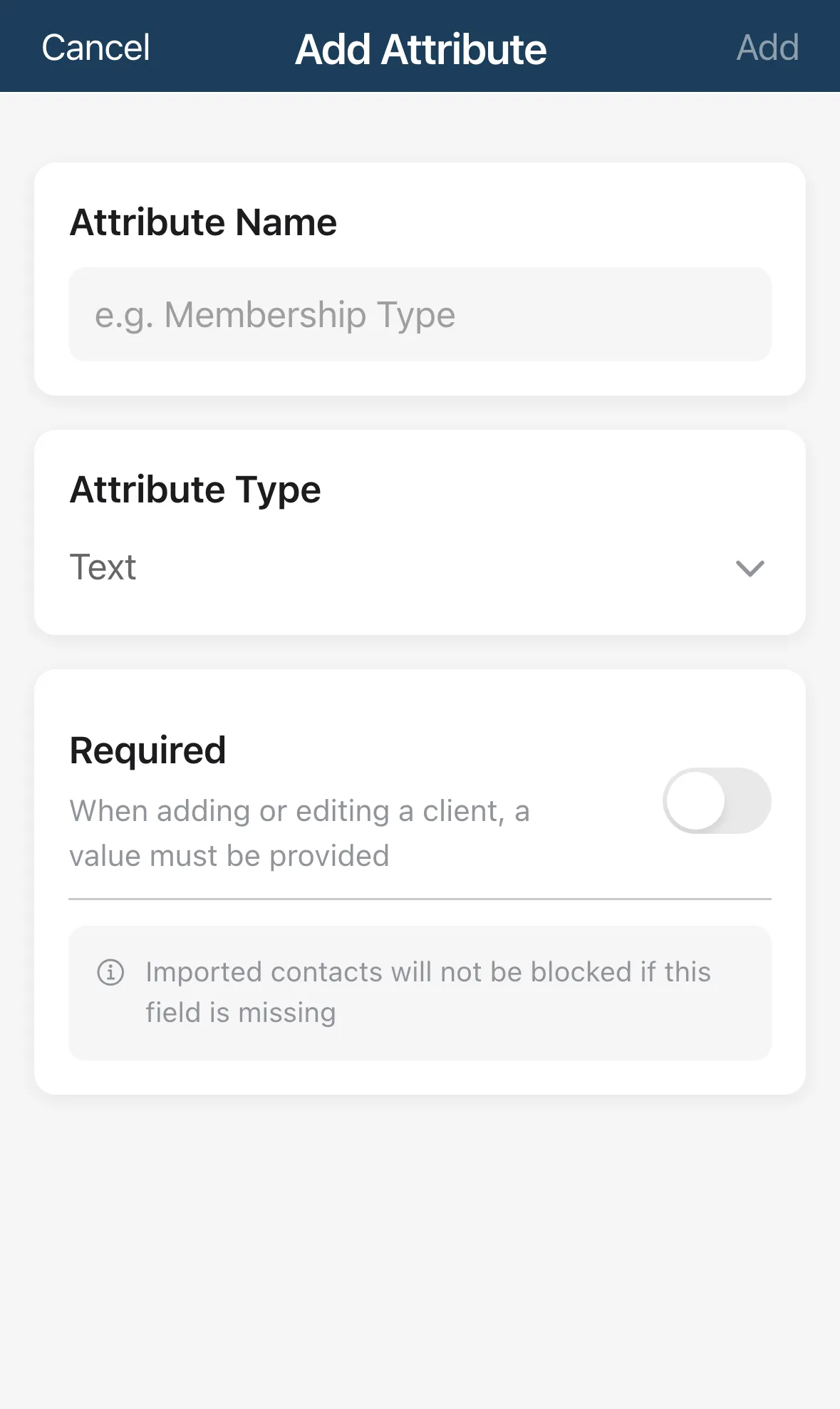 The Add Attribute form with Attribute Name, Attribute Type and Required