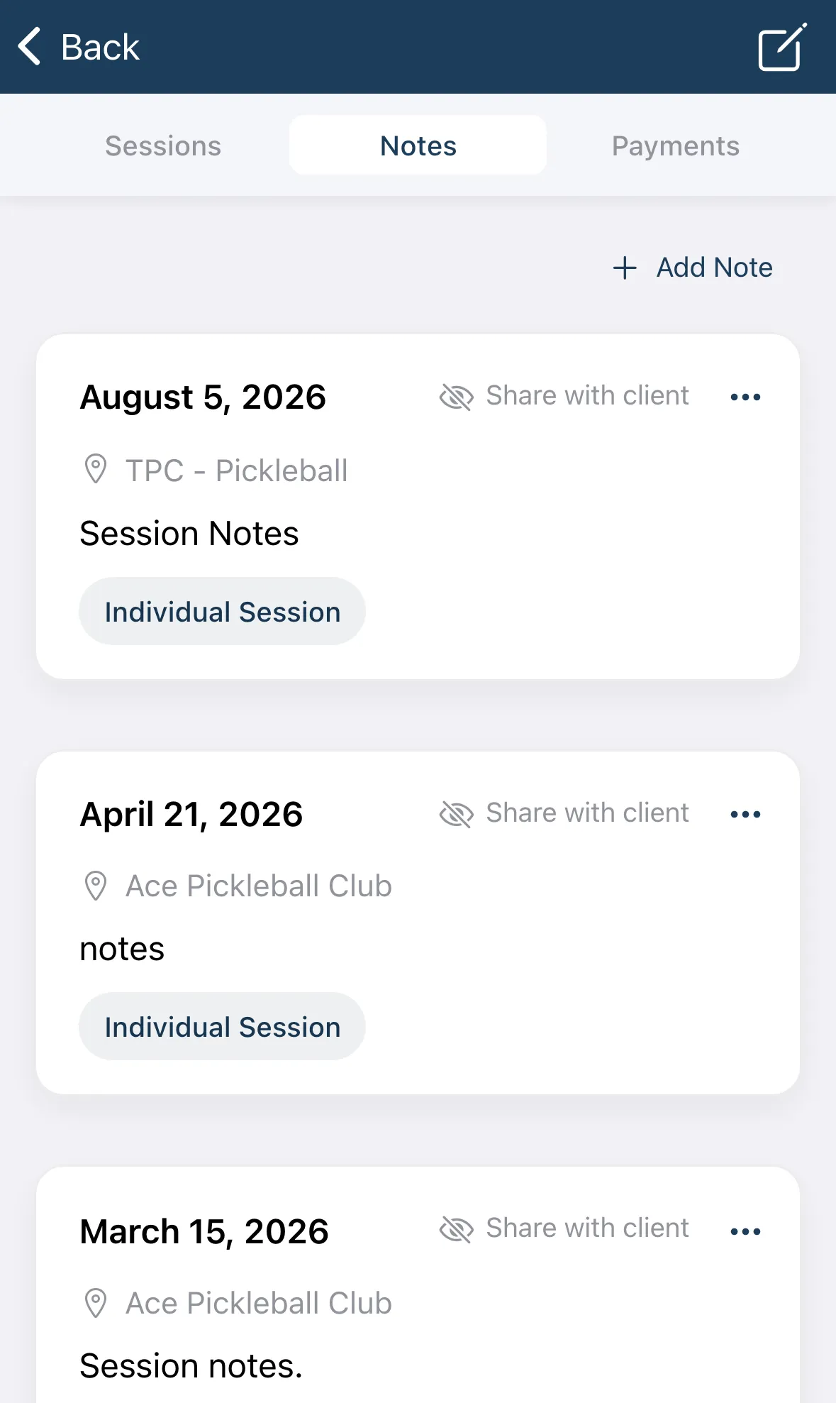 The Notes tab with notes listed by date