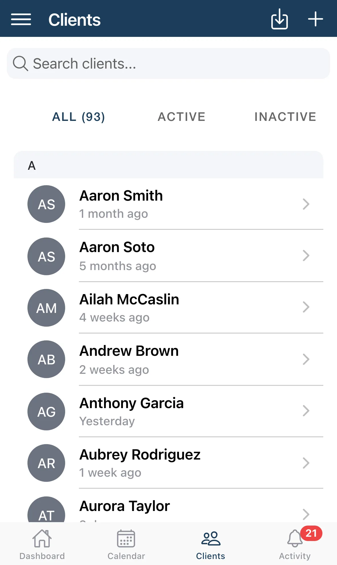 The Clients tab with the import and plus buttons at the top right