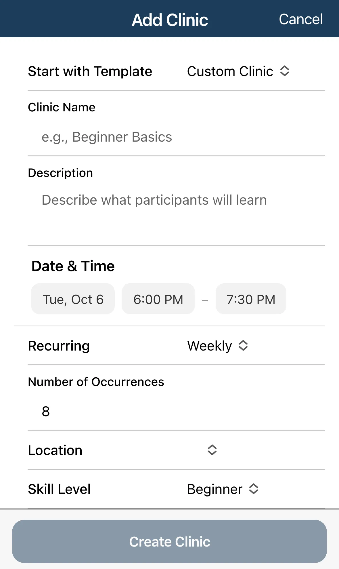The Add Clinic form