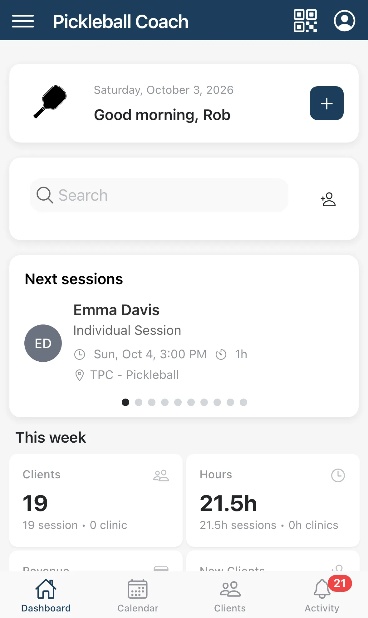 The Dashboard with a greeting, search, the next sessions card and this week’s numbers