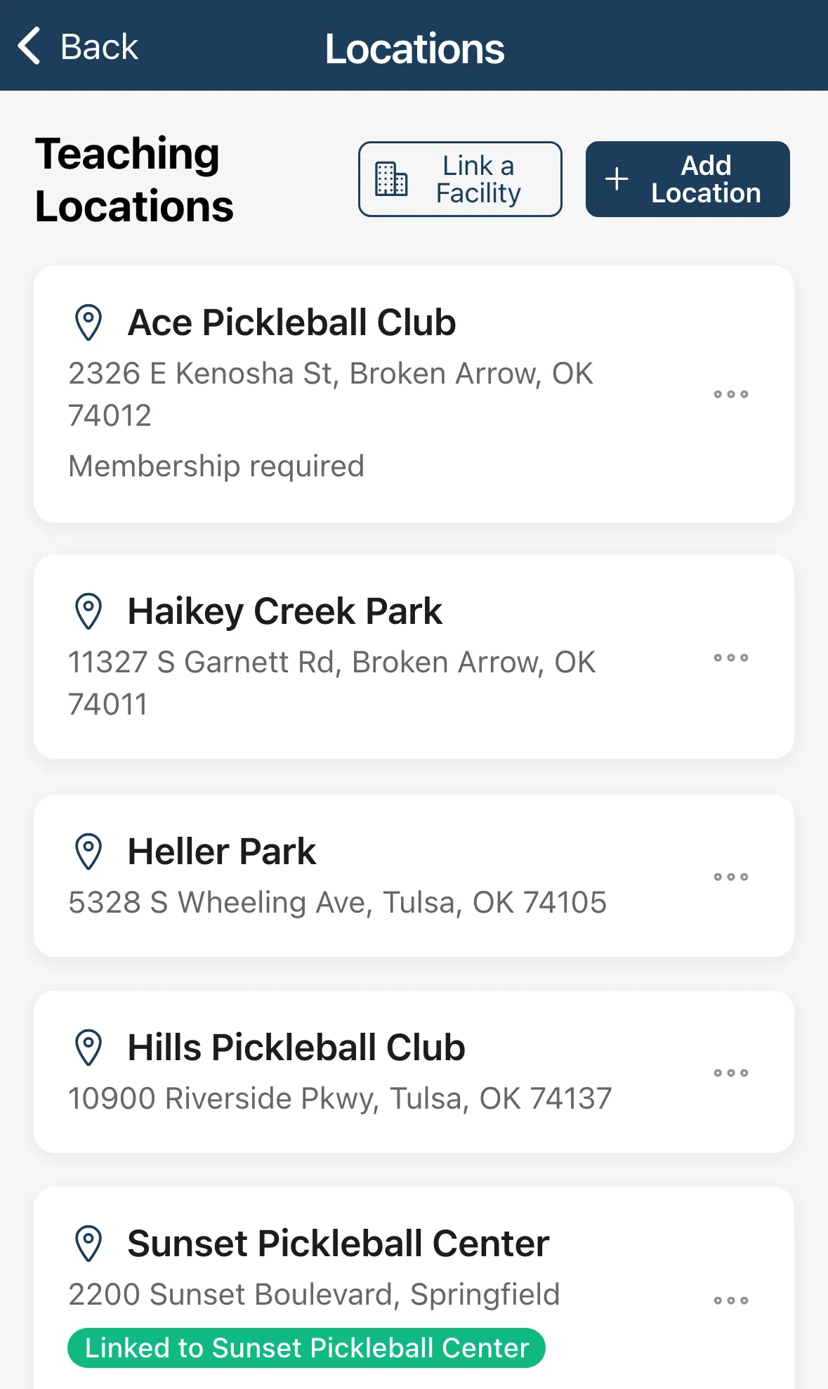 The Teaching Locations list with Link a Facility and Add Location buttons