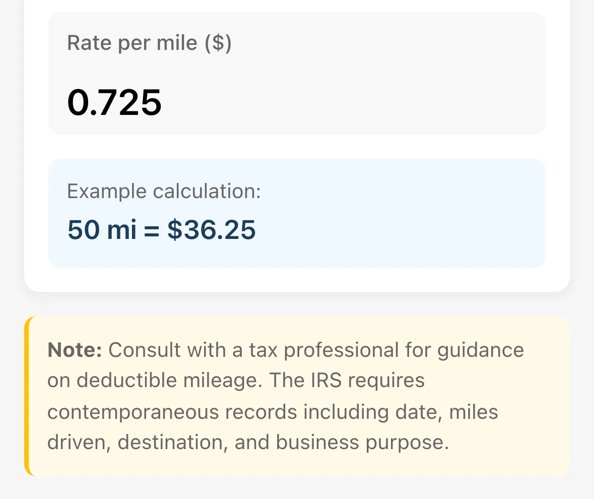 The Mileage screen with the rate field and an example calculation