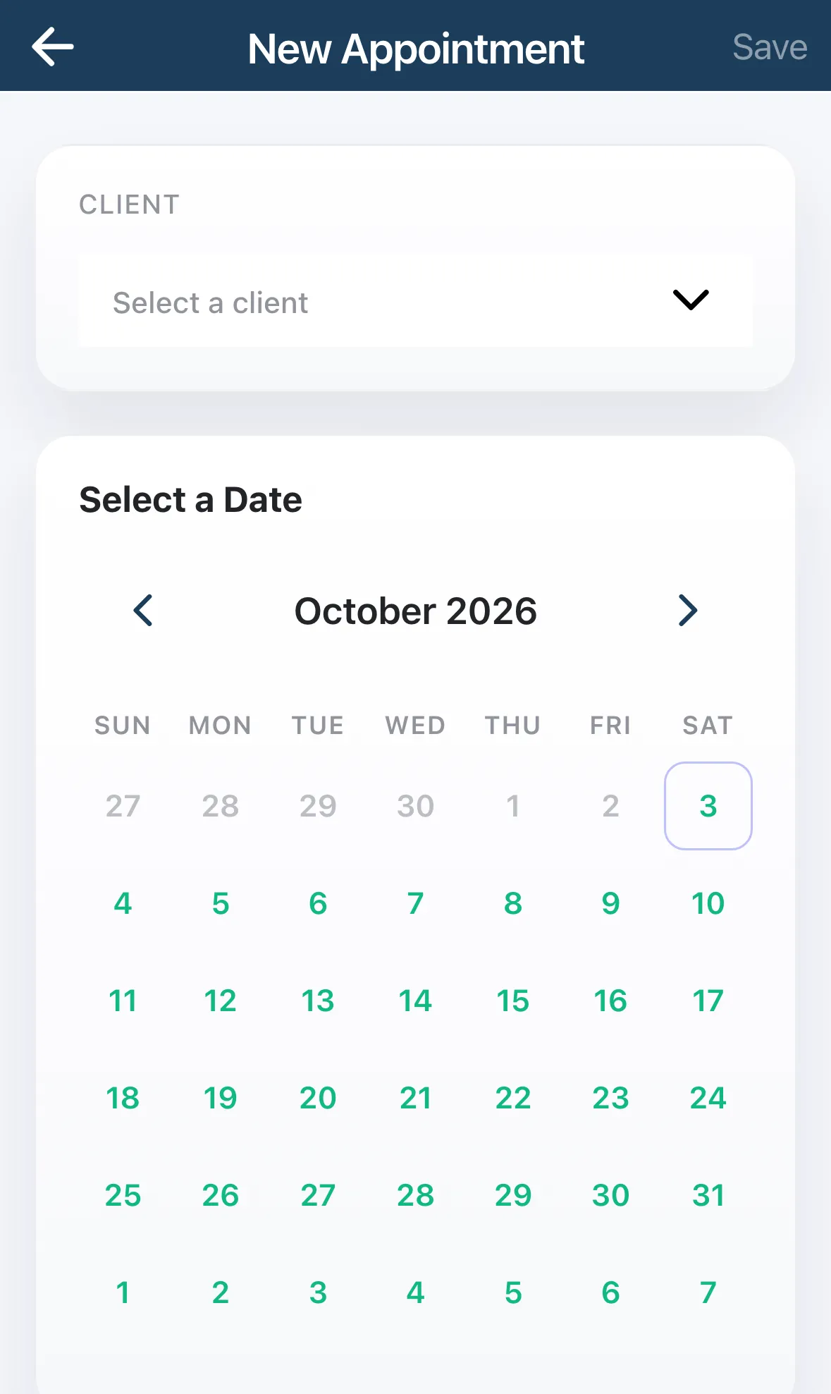 The New Appointment form with the Client picker and the Select a Date calendar