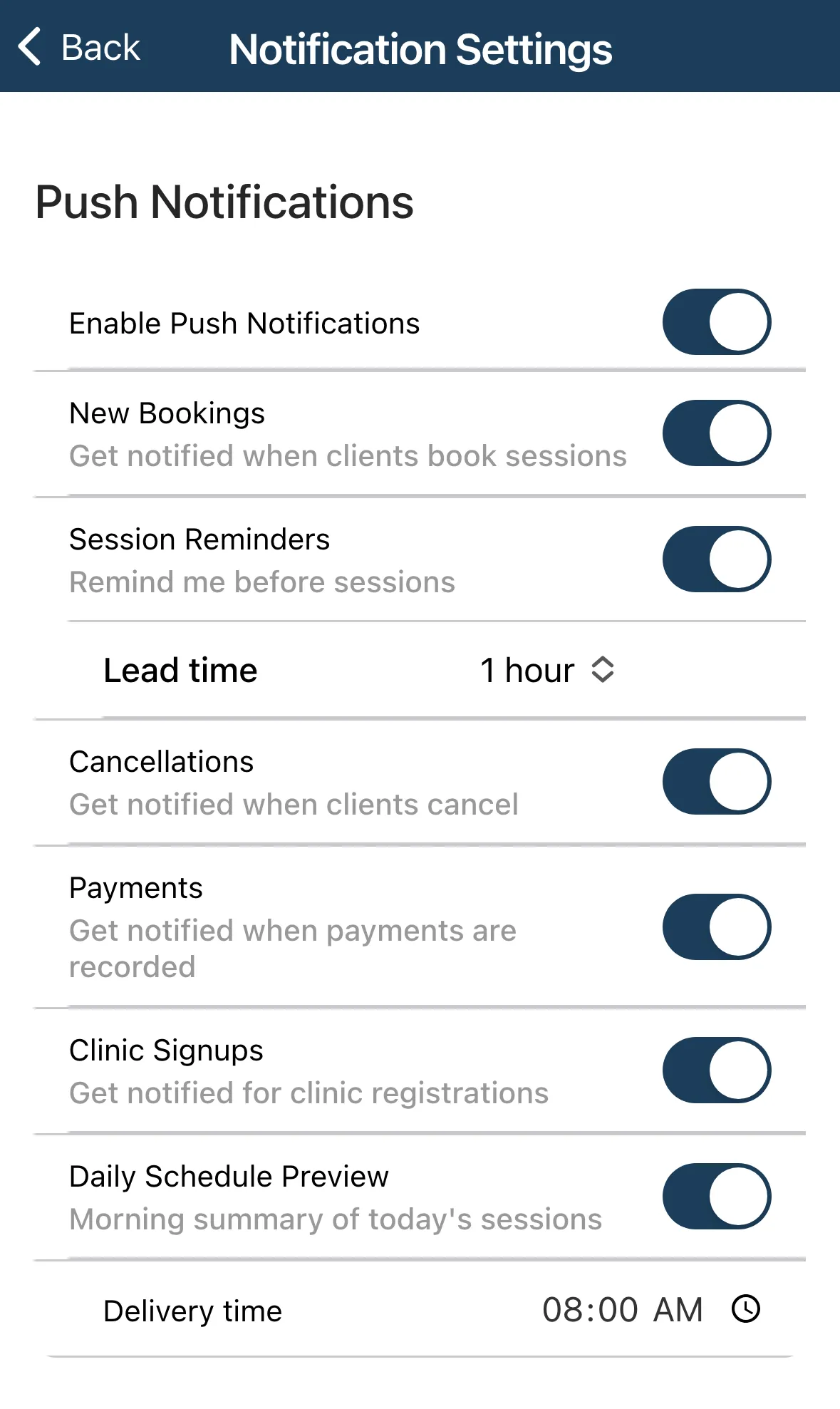 The Push Notifications section with a toggle for each alert