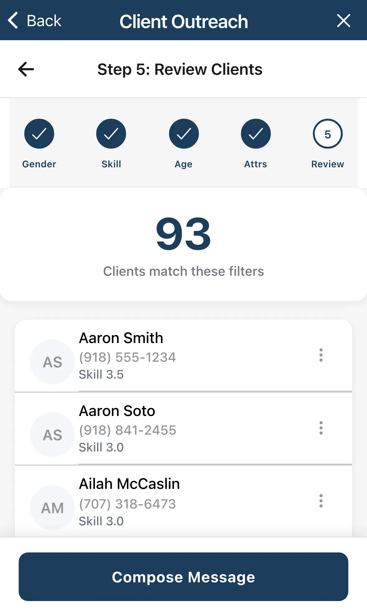 Step 5, the list of matching clients