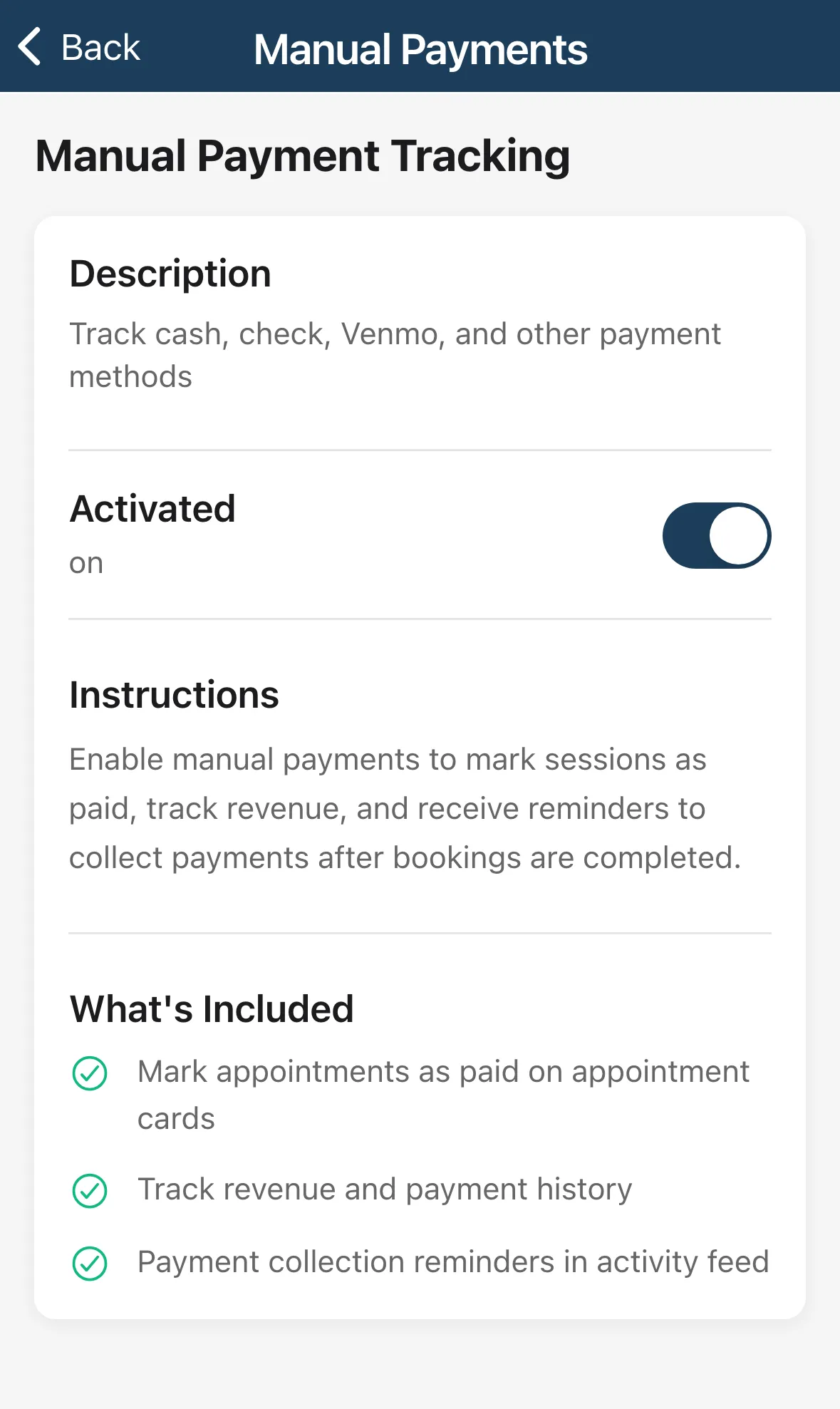 The Manual Payment Tracking screen with the Activated toggle