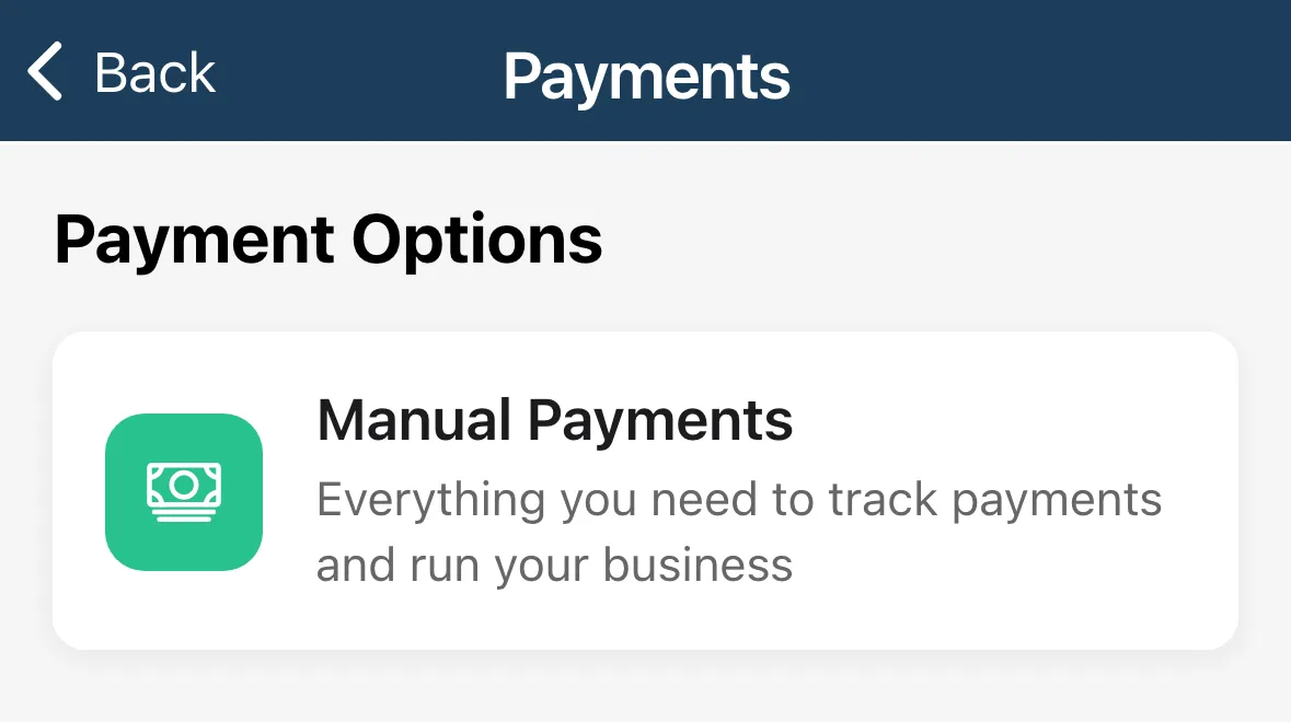 The Payments screen with the Manual Payments option
