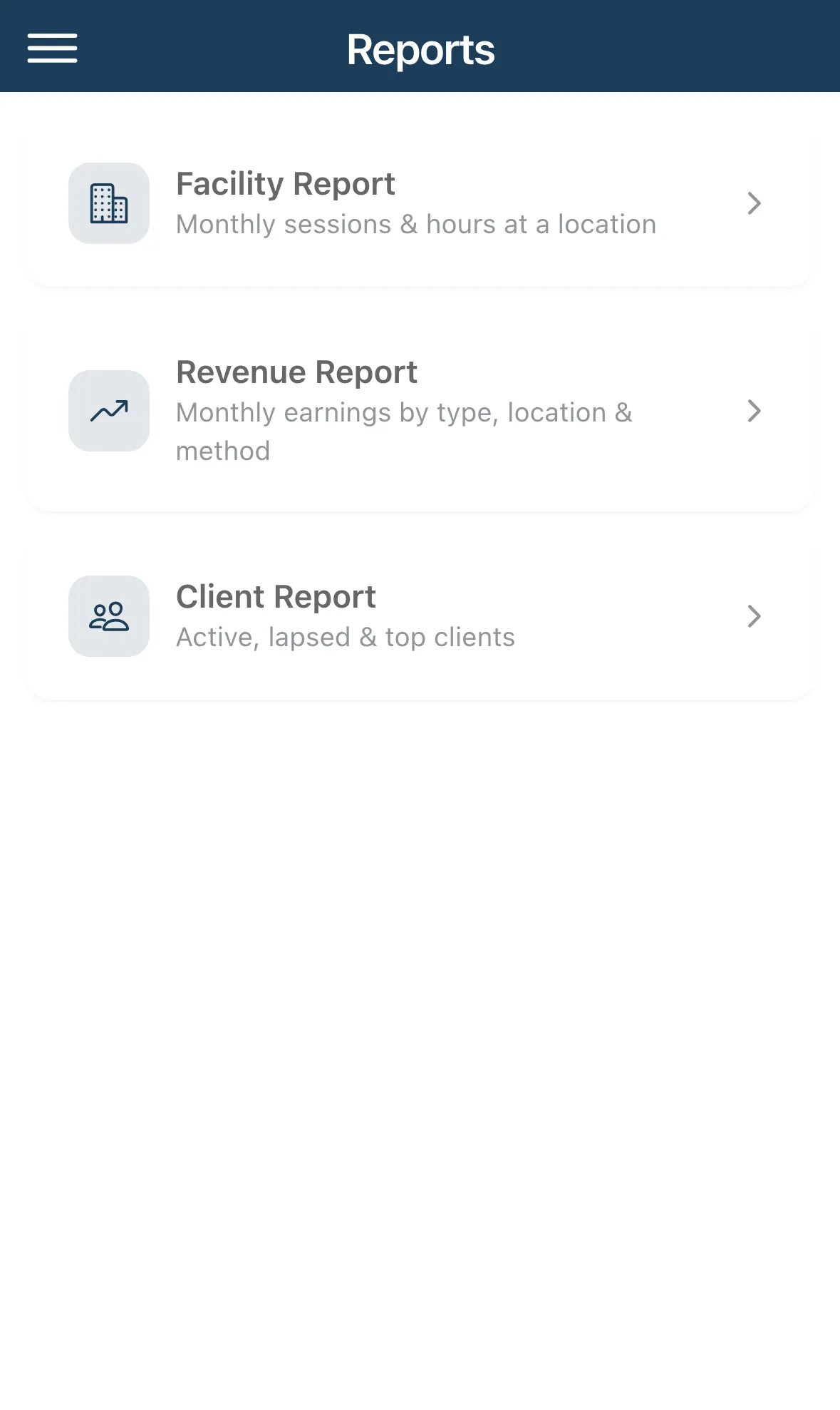 The Reports page listing Facility Report, Revenue Report and Client Report