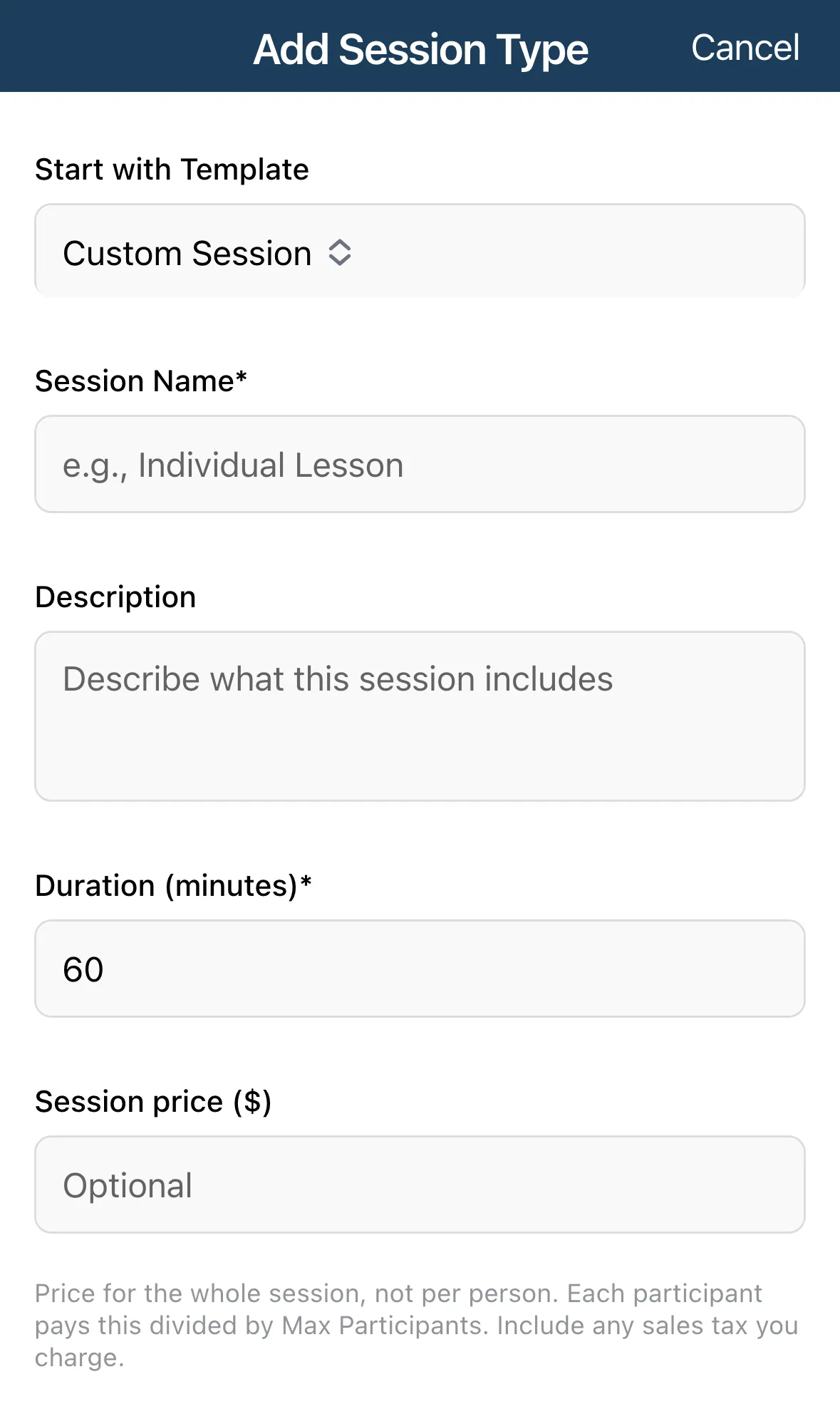 The Add Session Type form