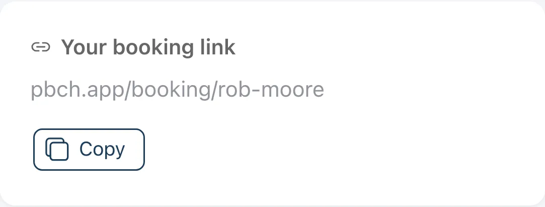 The Your booking link card with a Copy button