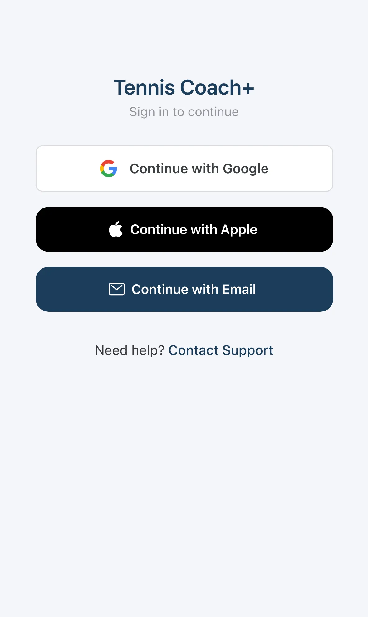 The Tennis Coach+ sign-in screen with Google, Apple and email buttons