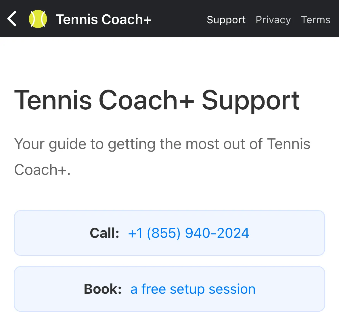The Tennis Coach+ Support page with Call and Book buttons